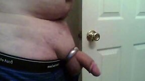 Chubby guy jerks off in cock ring