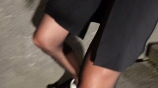 Outdoor walk with pantyhose and nylon penis sleeve