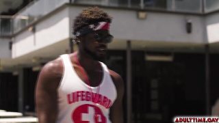 Devin trez, alpha wolfe, and aj sloan in wild outdoor threesome with the lifeguard