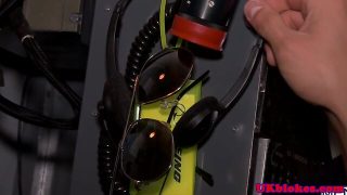 British muscular pilot with hunk in cockpit