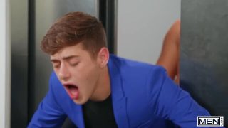 Elevator encounter: hung stud fills twinks tight butt with raw cock as men watch and join in